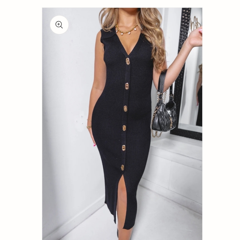 Boutique Skies Are Blue Ribbed Gold Button Midi Dress Black Small Miami O'clock - Picture 9 of 13